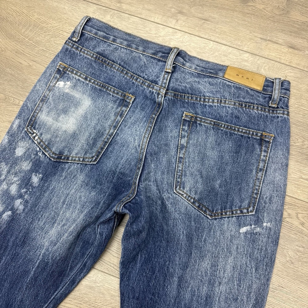 MNML Wide Leg Flare Jeans Blue Acid Paint Splatter Sz 32 Streetwear